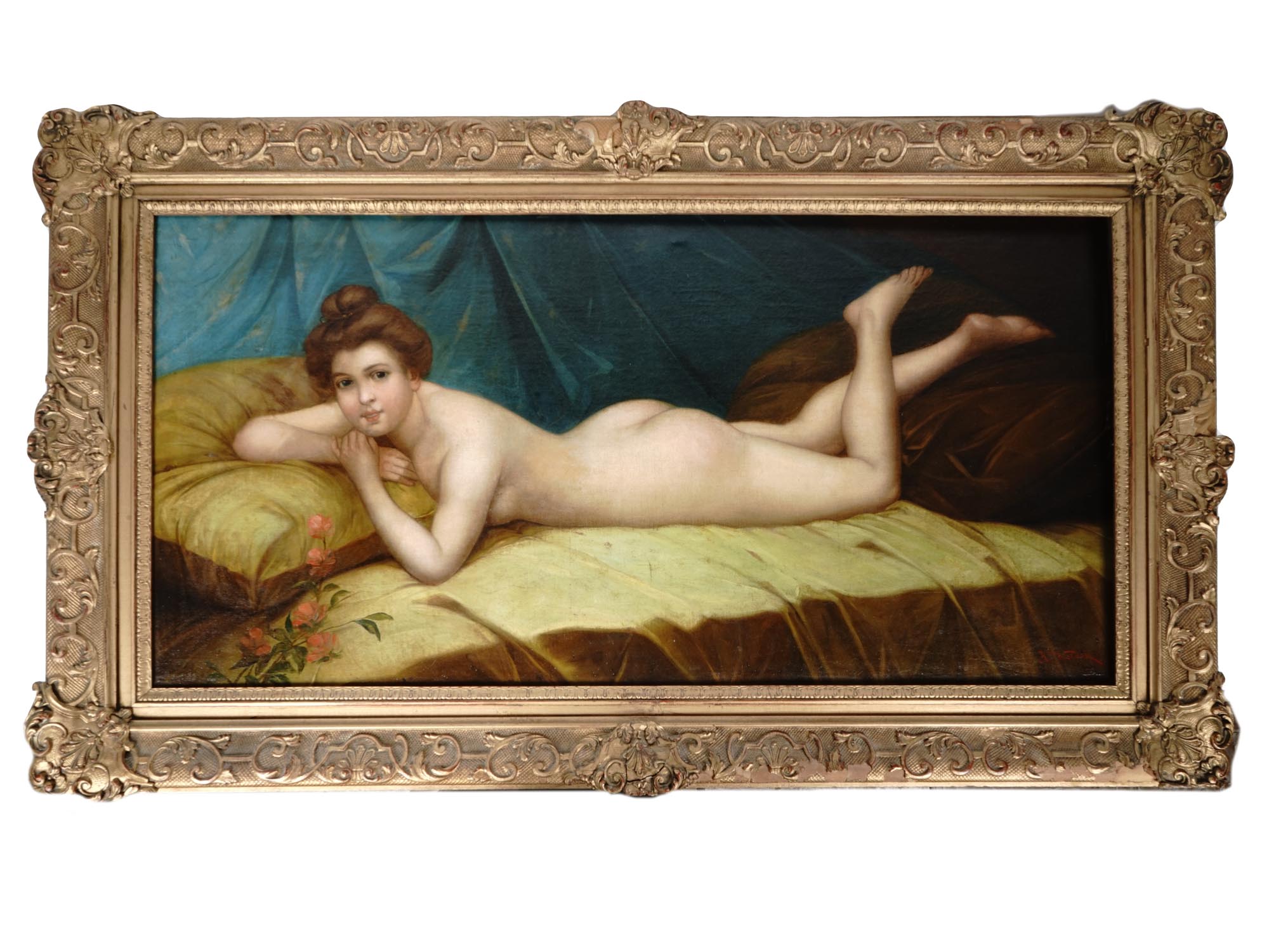 ANTIQUE NUDE WOMAN IN BED PAINTING BY H. WALDECK PIC-0